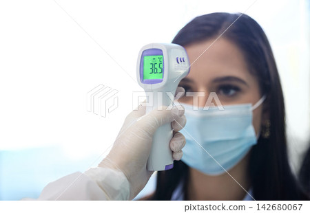 Temperature read, hand and woman with mask, thermometer and check of virus, infection and safety. Office, professional and employee with exam or test of corona, medical and science for workplace Temperature read, hand and woman with mask, thermometer and check of virus, infection and safety. Office, professional and employee with exam or test of corona, medical and science for workplace 142680067