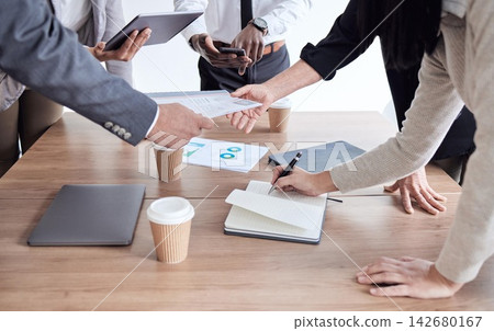 Paperwork, hands or business people in meeting for report, agenda file or sales portfolio in workplace. Project, teamwork or investors planning in office giving documents or writing notes in book Paperwork, hands or business people in meeting for report, agenda file or sales portfolio in workplace. Project, teamwork or investors planning in office giving documents or writing notes in book 142680167