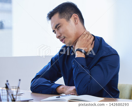 Businessman, neck pain and office with notebook, burnout and overworked for internship. Creative writer, professional news editor or expert reporter for content creation, publishing and press startup Businessman, neck pain and office with notebook, burnout and overworked for internship. Creative writer, professional news editor or expert reporter for content creation, publishing and press startup 142680293
