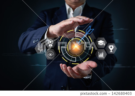 Businessman hands holding virtual target board with arrow hitting center. Success growth strategy concept for business goal achievement, financial profit development and career vision. 142680403