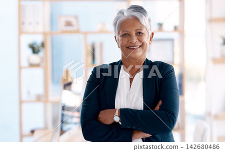 Portrait, business and woman with arms crossed, smile and accountant in modern office or investor. Mature, person and employee with pride for career or affirmative action with opportunity or broker Portrait, business and woman with arms crossed, smile and accountant in modern office or investor. Mature, person and employee with pride for career or affirmative action with opportunity or broker 142680486