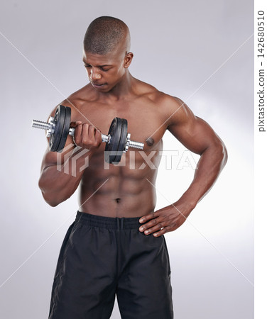 African man, dumbbell and exercise in studio with thinking, progress and development by white background. Person, bodybuilder and strong with workout, fitness and training for healthy body in gym African man, dumbbell and exercise in studio with thinking, progress and development by white background. Person, bodybuilder and strong with workout, fitness and training for healthy body in gym 142680510