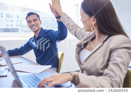 Colleagues, man and woman with high five in office for celebration, achievement and success with smile. Business people, consultants and hand gesture for well done, good work or great with happiness Colleagues, man and woman with high five in office for celebration, achievement and success with smile. Business people, consultants and hand gesture for well done, good work or great with happiness 142680543