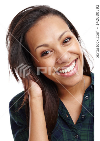 African woman, closeup and smile in studio with portrait for beauty, hand with confidence for facial. Female person, white background and aesthetics with makeup for skincare, happiness or cosmetic African woman, closeup and smile in studio with portrait for beauty, hand with confidence for facial. Female person, white background and aesthetics with makeup for skincare, happiness or cosmetic 142680592