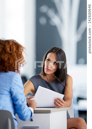 Business, interview and woman in office with resume, cv and man with human resources for contract agreement. Information, hiring and recruiting for professional job position, discussion and meeting Business, interview and woman in office with resume, cv and man with human resources for contract agreement. Information, hiring and recruiting for professional job position, discussion and meeting 142680646