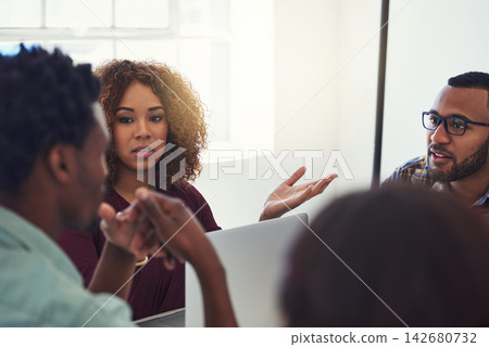 Business, woman and staff with laptop for meeting in office, collaboration and feedback, review and growth of company sales. Team, people and research with planning, ideas and creative project 142680732