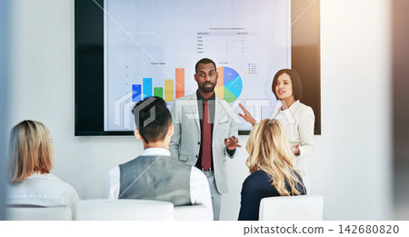 Business people, coaching and chart with screen in presentation, meeting or corporate statistics at seminar. Businessman, manager and speaker talking to employees on company revenue, growth or profit Business people, coaching and chart with screen in presentation, meeting or corporate statistics at seminar. Businessman, manager and speaker talking to employees on company revenue, growth or profit 142680820