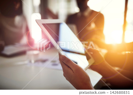 Lens flare, tablet and hands of business people in office for planning, online networking and internet. Mockup space, corporate teamwork and person on digital tech for research, website and meeting Lens flare, tablet and hands of business people in office for planning, online networking and internet. Mockup space, corporate teamwork and person on digital tech for research, website and meeting 142680831