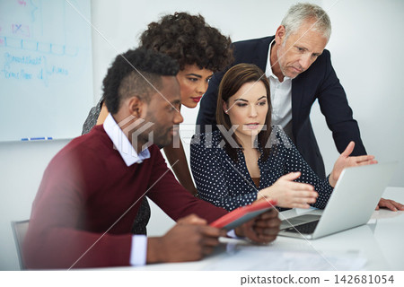 Laptop, business people and brainstorming with teamwork, research and planning for project. Group, email and employees with computer, productivity and cooperation with website info, ideas and startup 142681054