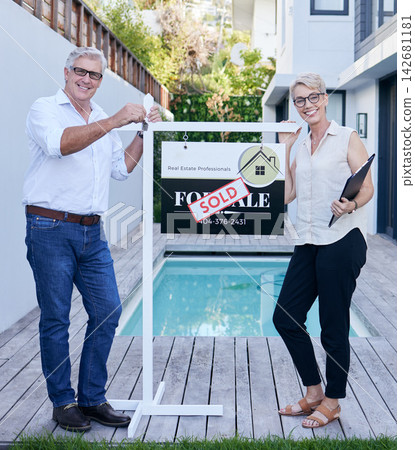 Mature couple, portrait and house sold with smile outdoor for property sale, mortgage and buying home. Happy, people or realtors on real estate for deal, move and relocation or investment Mature couple, portrait and house sold with smile outdoor for property sale, mortgage and buying home. Happy, people or realtors on real estate for deal, move and relocation or investment 142681181