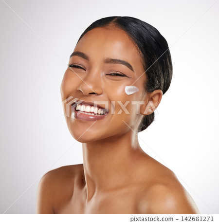 Face, portrait and woman with moisturizer in studio for skin hydration, anti aging and collagen. Mockup, female model and skincare with cosmetics for smooth, glow and soft texture by white background 142681271