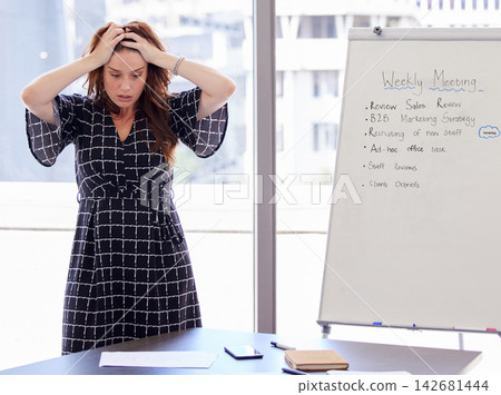 Stress, planning and business woman with board in office with deadline, crisis or mistake. Brainstorming, frustration and professional female creative designer working on project in workplace. Stress, planning and business woman with board in office with deadline, crisis or mistake. Brainstorming, frustration and professional female creative designer working on project in workplace. 142681444