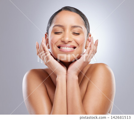 Happy, dermatology and woman with skincare in studio for spa treatment, self care and natural beauty. Female person, eyes closed and smile with pride for cosmetics, glow and shine on white background Happy, dermatology and woman with skincare in studio for spa treatment, self care and natural beauty. Female person, eyes closed and smile with pride for cosmetics, glow and shine on white background 142681513