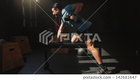 Man, exercise or dumbbell row in gym with fitness, wellness or bodybuilding workout for bicep muscle. Active, person and bodybuilder in health club with equipment, weightlifting or strength training. Man, exercise or dumbbell row in gym with fitness, wellness or bodybuilding workout for bicep muscle. Active, person and bodybuilder in health club with equipment, weightlifting or strength training. 142681647