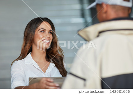 Delivery, online shopping and woman in home with box for shipping, courier service and receive order. Ecommerce, freight distribution and man with customer at door with package, parcel and product Delivery, online shopping and woman in home with box for shipping, courier service and receive order. Ecommerce, freight distribution and man with customer at door with package, parcel and product 142681666
