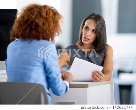 Business, hiring and woman in office with cv, resume and man with human resources for contract agreement. Information, recruitment and recruiting for professional job position, discussion and meeting Business, hiring and woman in office with cv, resume and man with human resources for contract agreement. Information, recruitment and recruiting for professional job position, discussion and meeting 142681774