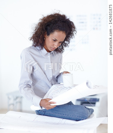 Architecture, blueprint and woman thinking of design, layout and renovation project in office for real estate. Designer with engineering document, paper or floor plan for solution, ideas or review 142681875