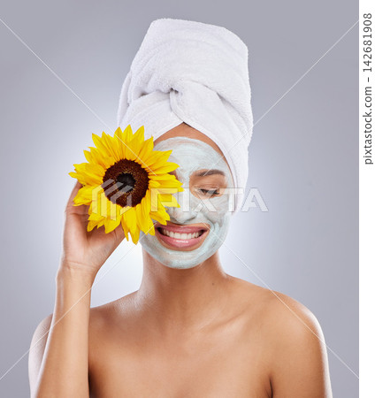Sunflower, woman and face mask for skincare, cosmetic and facial treatment on white background. Beauty, natural or organic for female person, smile and dermatology for detox and exfoliate product Sunflower, woman and face mask for skincare, cosmetic and facial treatment on white background. Beauty, natural or organic for female person, smile and dermatology for detox and exfoliate product 142681908