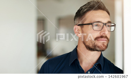 Thinking, businessman and glasses in office with ideas for corporate vision, goals and company success. Workplace, thoughtful and male lawyer with eyewear for growth mindset, career and future case Thinking, businessman and glasses in office with ideas for corporate vision, goals and company success. Workplace, thoughtful and male lawyer with eyewear for growth mindset, career and future case 142681967