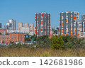 Colorful urban landscape showcasing modern architecture in a vibrant city under a clear blue sky 142681986