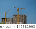 New buildings rise under the clear blue sky showcasing construction cranes and modern architecture in vibrant urban development 142681993