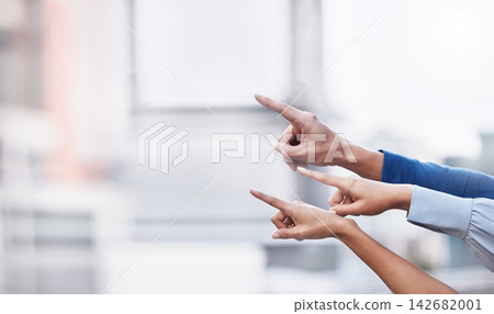 Hands, outdoor and business people pointing for opportunity, option or innovation with teamwork, collaboration or partnership. Closeup, New York city or group with hand gesture, promotion or support Hands, outdoor and business people pointing for opportunity, option or innovation with teamwork, collaboration or partnership. Closeup, New York city or group with hand gesture, promotion or support 142682001
