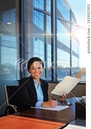 Happy woman, portrait and accountant with documents for finance, legal paperwork or budget planning at office. Young female person or financial advisor taking notes for report or audit at modern firm Happy woman, portrait and accountant with documents for finance, legal paperwork or budget planning at office. Young female person or financial advisor taking notes for report or audit at modern firm 142682003