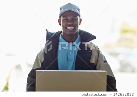 Smile, portrait and delivery man at front door with box for online shopping sales, distribution and transport service. Ecommerce, package and happy courier with supply chain, mail or post at house Smile, portrait and delivery man at front door with box for online shopping sales, distribution and transport service. Ecommerce, package and happy courier with supply chain, mail or post at house 142682038