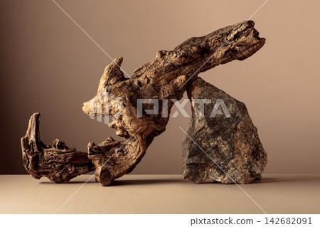 Old dry wooden snag and large crushed granite stone on a beige background. Old dry wooden snag and large crushed granite stone on a beige background. 142682091