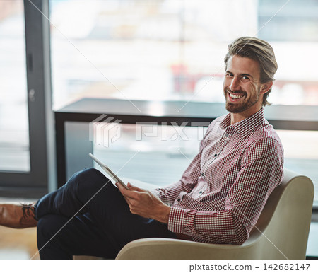 Businessman, portrait and office work on tablet for productivity, digitalization and workflow of tasks or project management. Man, entrepreneur and online for efficiency, research and business site. Businessman, portrait and office work on tablet for productivity, digitalization and workflow of tasks or project management. Man, entrepreneur and online for efficiency, research and business site. 142682147