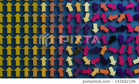 Colorful Arrow Pattern Showing Conflicting Directions and Orderly Upward Movement 142682186