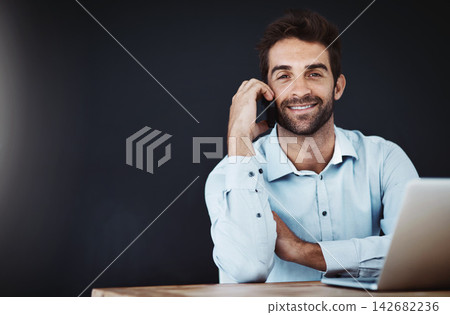 Man, talking on phone and smile in office for audio conversation, web project and career with email and call. Creative designer and happy with mobile and portrait for connection internet on mockup 142682236