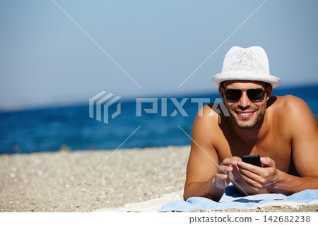 Man, smartphone and beach in portrait on holiday with seashore on ocean with blue sky in summer for peace. Male person, vacation and relax with phone for memories in cancun with wellness on trip Man, smartphone and beach in portrait on holiday with seashore on ocean with blue sky in summer for peace. Male person, vacation and relax with phone for memories in cancun with wellness on trip 142682238