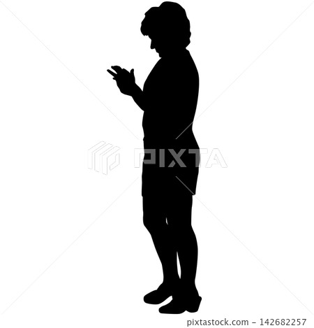 Black silhouette of a woman standing and looking to the side isolated on a white background. Black silhouette of a woman standing and looking to the side isolated on a white background. 142682257