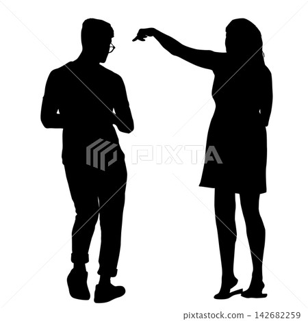 Black silhouettes of a man and a woman with raised arms in joyful and triumphant poses isolated on a white background. Black silhouettes of a man and a woman with raised arms in joyful and triumphant poses isolated on a white background. 142682259