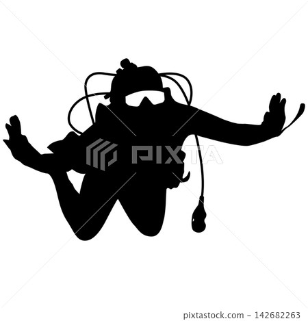 Black silhouette of a scuba diver wearing a wetsuit, diving mask, air tank and fins isolated on a white background. Black silhouette of a scuba diver wearing a wetsuit, diving mask, air tank and fins isolated on a white background. 142682263