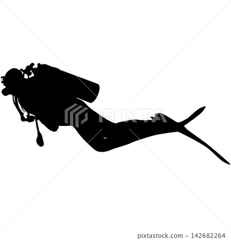 Black silhouette of a scuba diver wearing a wetsuit, diving mask, air tank and fins isolated on a white background. 142682264