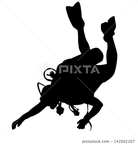 Black silhouette of a scuba diver wearing a wetsuit, diving mask, air tank and fins isolated on a white background. 142682267