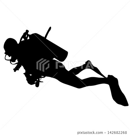 Black silhouette of a scuba diver wearing a wetsuit, diving mask, air tank and fins isolated on a white background. Black silhouette of a scuba diver wearing a wetsuit, diving mask, air tank and fins isolated on a white background. 142682268
