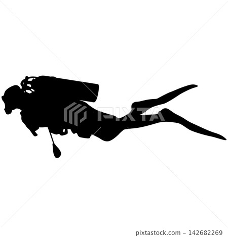 Black silhouette of a scuba diver wearing a wetsuit, diving mask, air tank and fins isolated on a white background. Black silhouette of a scuba diver wearing a wetsuit, diving mask, air tank and fins isolated on a white background. 142682269