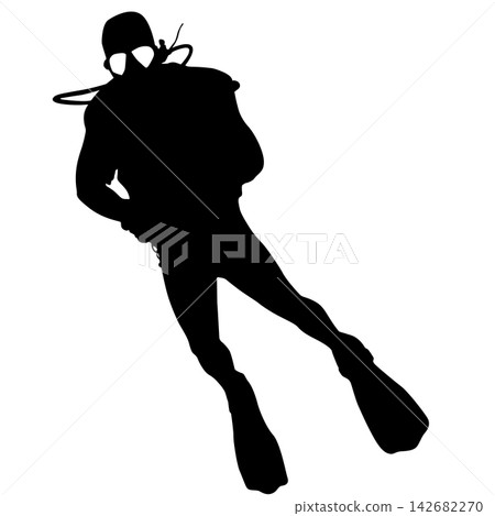 Black silhouette of a scuba diver wearing a wetsuit, diving mask, air tank and fins isolated on a white background. 142682270