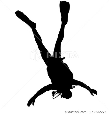 Black silhouette of a scuba diver wearing a wetsuit, diving mask, air tank and fins isolated on a white background. Black silhouette of a scuba diver wearing a wetsuit, diving mask, air tank and fins isolated on a white background. 142682273