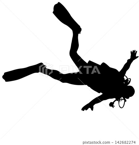 Black silhouette of a scuba diver wearing a wetsuit, diving mask, air tank and fins isolated on a white background. Black silhouette of a scuba diver wearing a wetsuit, diving mask, air tank and fins isolated on a white background. 142682274