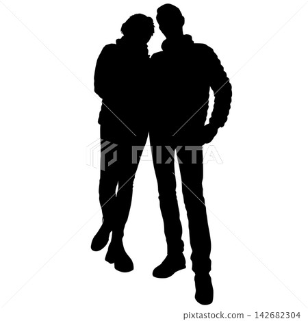 Black silhouette of a man and woman standing together isolated on a white background. Black silhouette of a man and woman standing together isolated on a white background. 142682304
