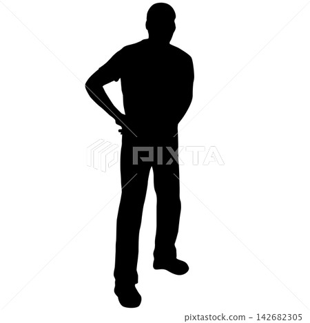 Black silhouette of a man standing and looking to the side isolated on a white background. Black silhouette of a man standing and looking to the side isolated on a white background. 142682305