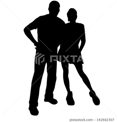 Black silhouette of a man and woman standing together isolated on a white background. Black silhouette of a man and woman standing together isolated on a white background. 142682307