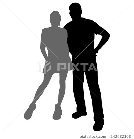 Black silhouette of a man and woman standing together isolated on a white background. Black silhouette of a man and woman standing together isolated on a white background. 142682308