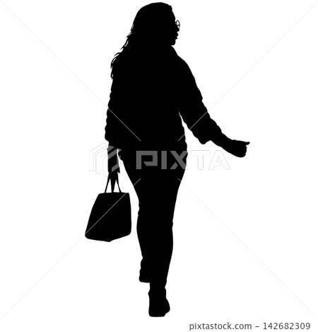 Black silhouette of a woman standing and looking to the side isolated on a white background. Black silhouette of a woman standing and looking to the side isolated on a white background. 142682309