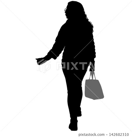 Black silhouette of a woman standing and looking to the side isolated on a white background. Black silhouette of a woman standing and looking to the side isolated on a white background. 142682310