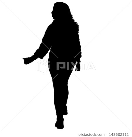 Black silhouette of a woman standing and looking to the side isolated on a white background. 142682311